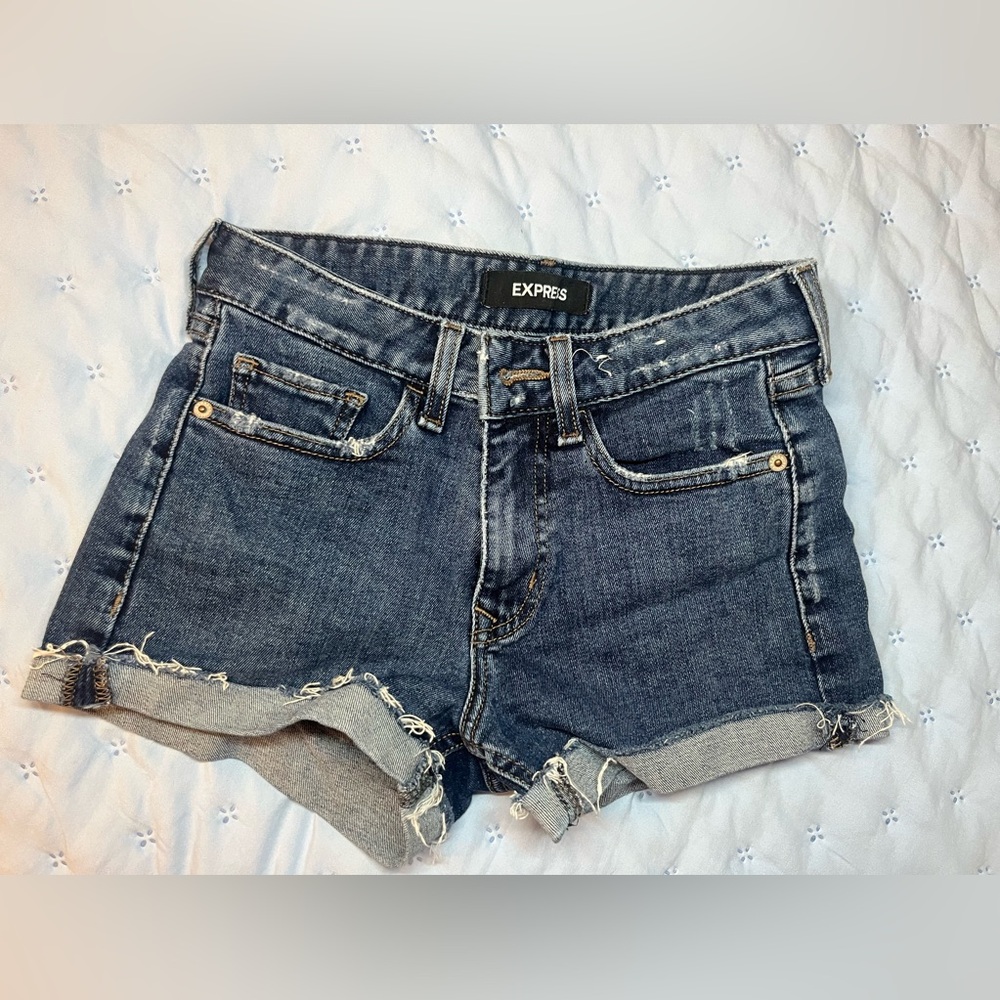Express Women's Denim Blue Cut Off Shorts Size 0 Shortie Low Rise Distressed